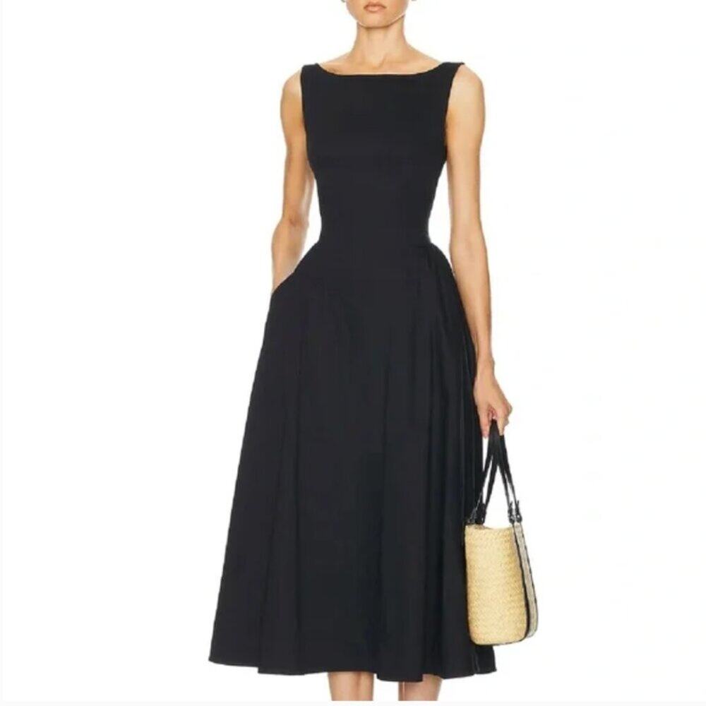 Helsa Stretch Cotton Sateen Midi Dress Black Size Medium - Picture 9 of 12